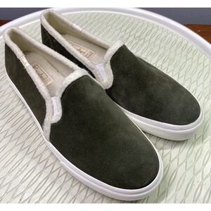 Keds Women's Suede Sherpa Double Decker Slip On Sneaker Olive Green Shoe Sz.8.5